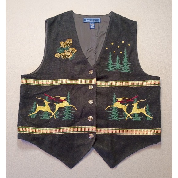 Karen Scott Jackets & Blazers - Karen‎ Scott Christmas Deer Vest Sz L Black Holiday Vest Pinecones Gold Accents